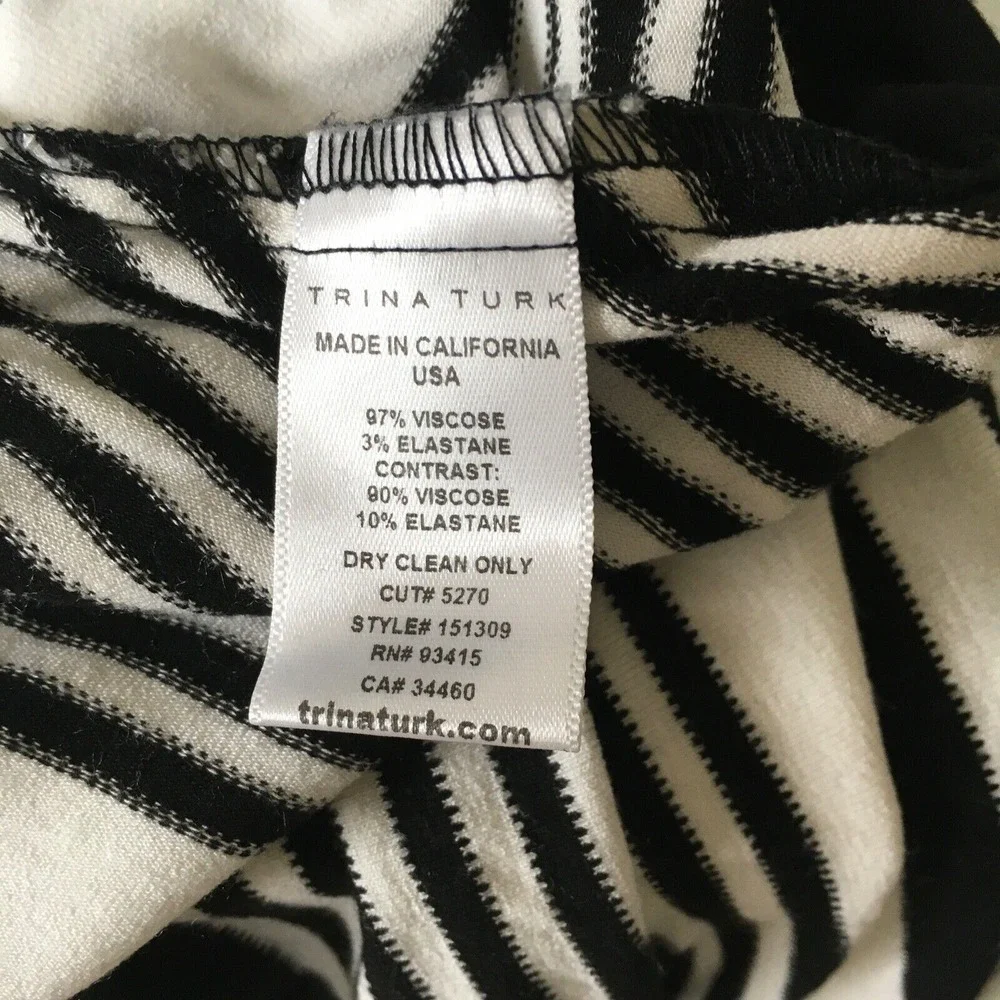 Trina Turk Dress Medium Women black white Stripe 3/4 sleeves‎ Asymmetrical Hem